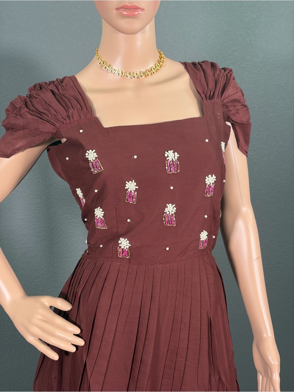 Brand New Brown Embroidered Tiered Maxi Dress,Bust - M up to L,L up to XL